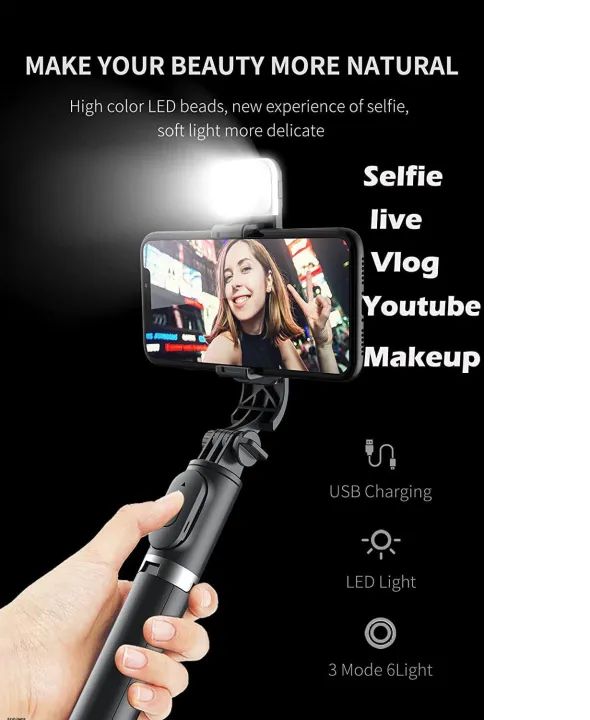 4 in 1 Wireless Selfie With Fill Light Stick Tripod Bluetooth Shutter selfie Light foldable Selfie stick for all Phone Extendable With charging Cable Detachable Bluetooth Shutter