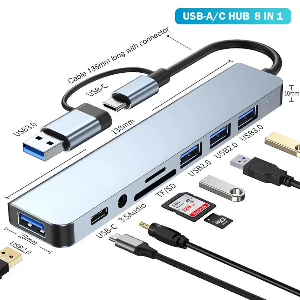 USB C Hub USB Splitter 8 in 1 USB Extender with 4 USB Port 1 USBC Port TF/SD Card Reader Audio Output Compatible for MacBook