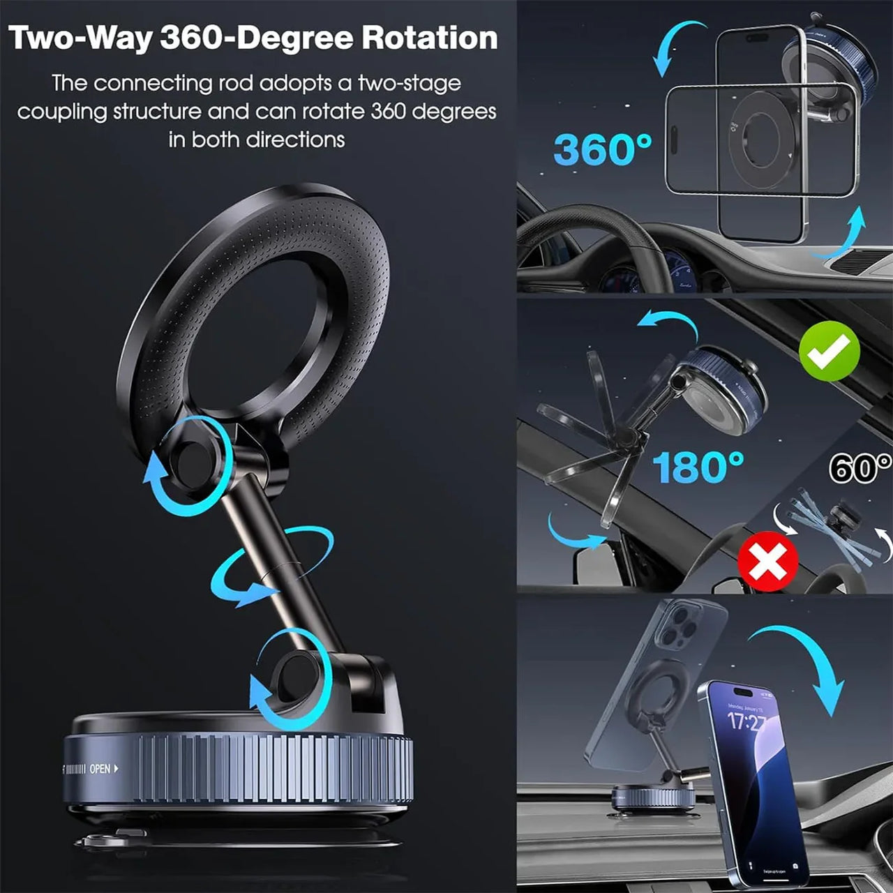 360° Vacuum Magnetic Phone Holder, Car/Gym/Mirror