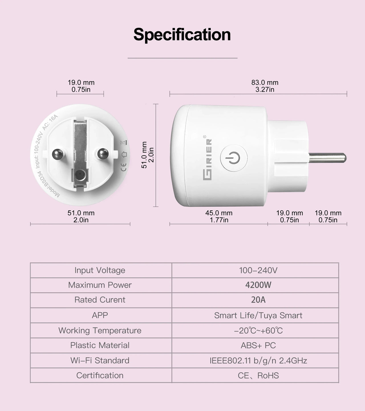 GIRIER Tuya Smart Wifi Plug EU with Power.