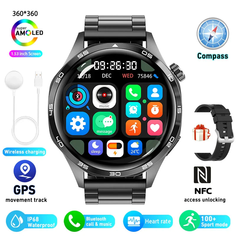 Smart Watch GT5 Pro - AMOLED GPS NFC Fitness Tracker with Heart Rate Monitor