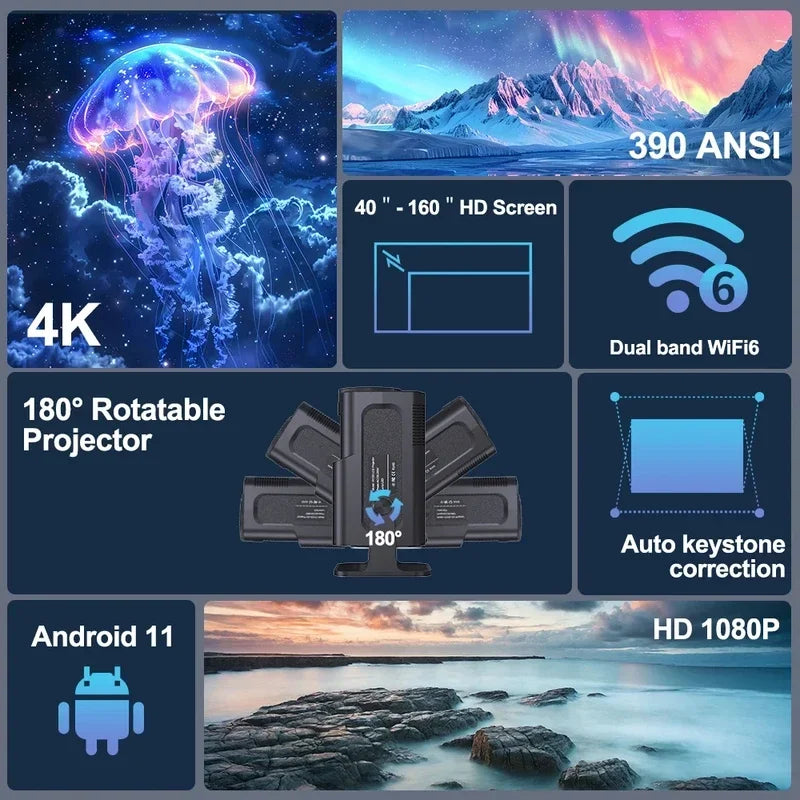 4K Smart Portable Projector - Android 11 Home Theater with WiFi & Bluetooth